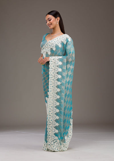 Turquoise Blue Pearlwork Tissue Saree-Koskii