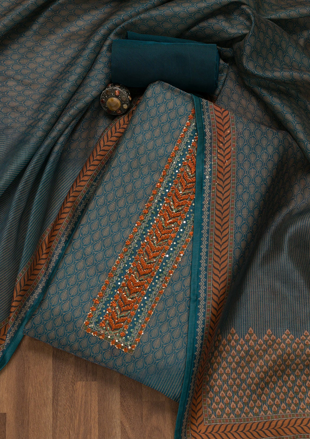 Turquoise Blue Printed Chanderi Unstitched Salwar Suit-Koskii
