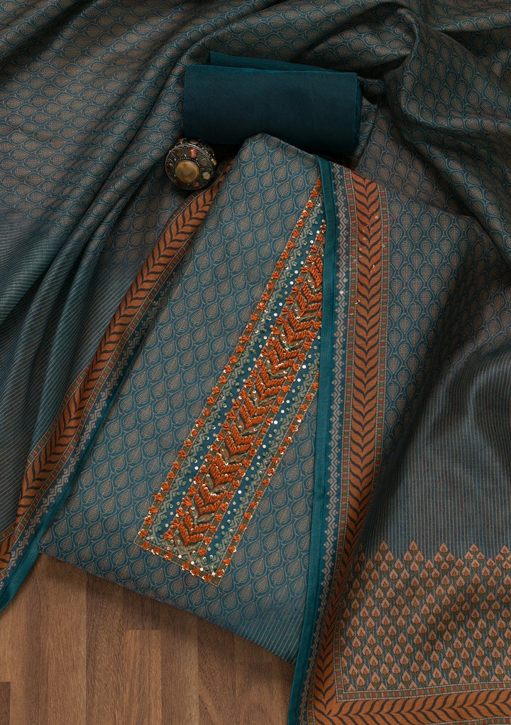 Turquoise Blue Printed Chanderi Unstitched Salwar Suit-Koskii