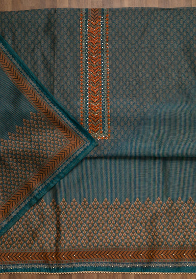 Turquoise Blue Printed Chanderi Unstitched Salwar Suit-Koskii