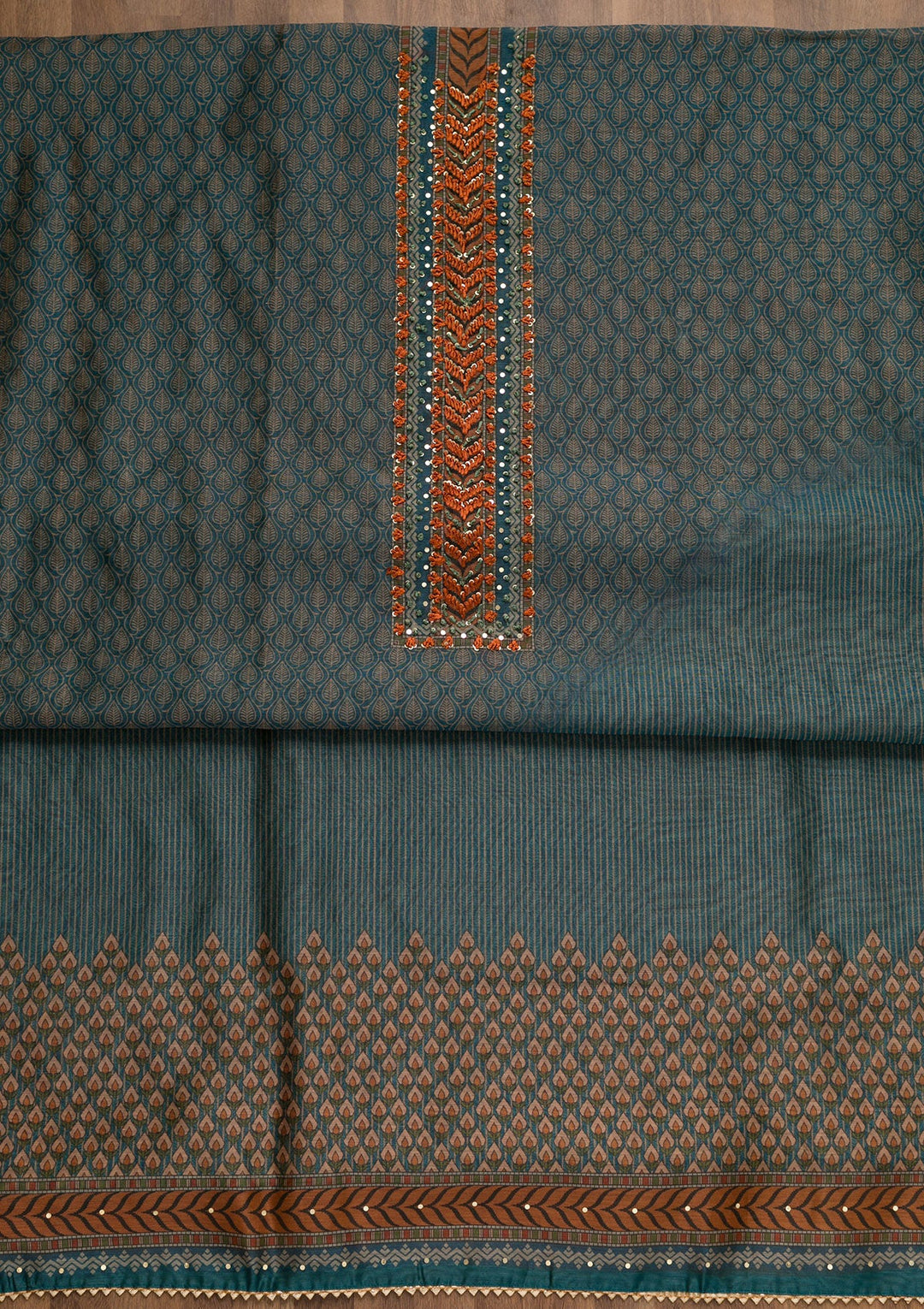 Turquoise Blue Printed Chanderi Unstitched Salwar Suit-Koskii