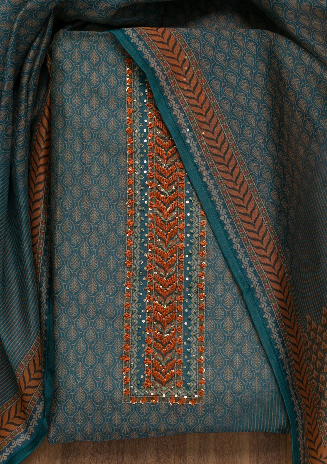 Turquoise Blue Printed Chanderi Unstitched Salwar Suit-Koskii