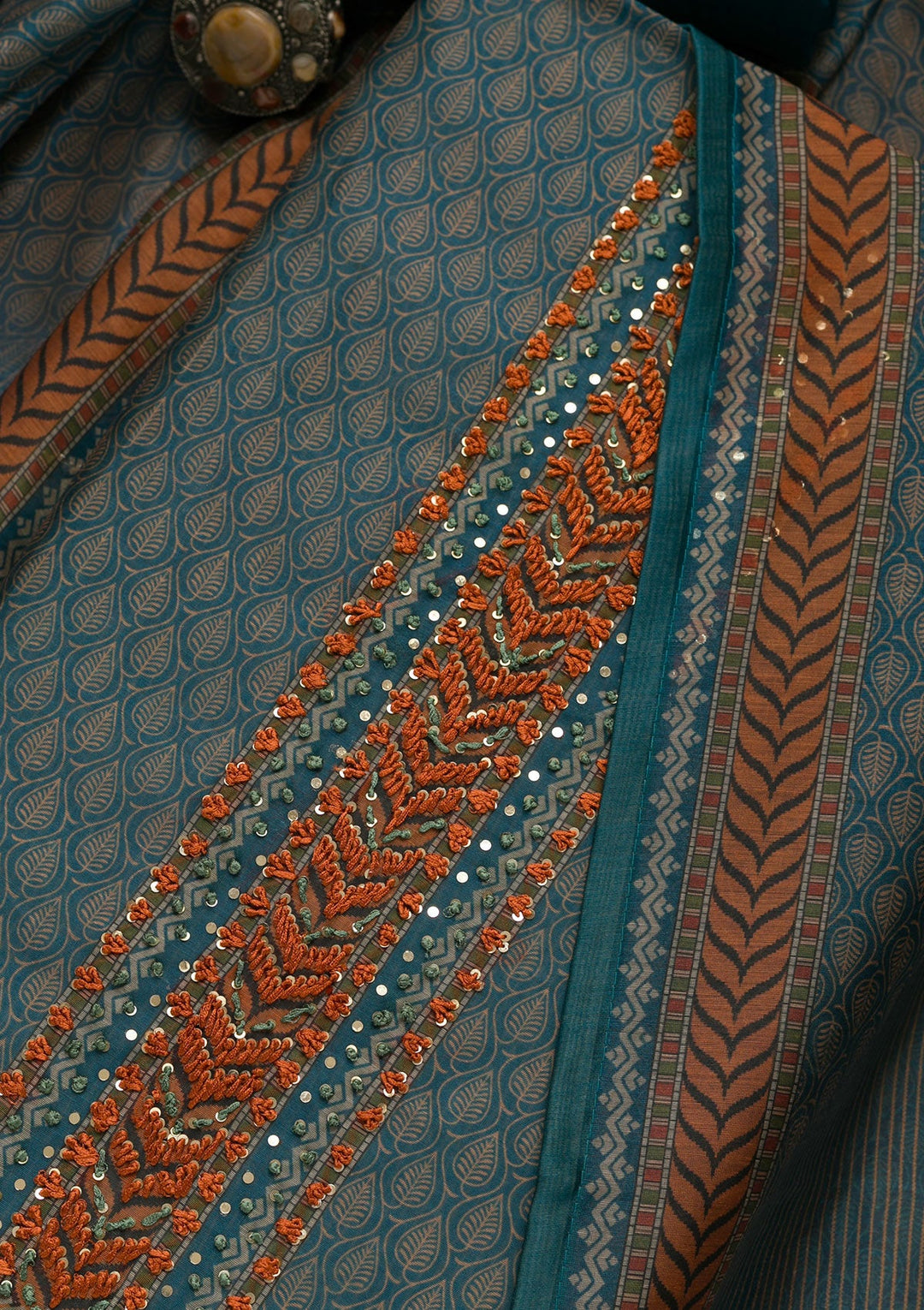 Turquoise Blue Printed Chanderi Unstitched Salwar Suit-Koskii