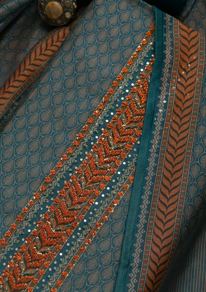 Turquoise Blue Printed Chanderi Unstitched Salwar Suit-Koskii