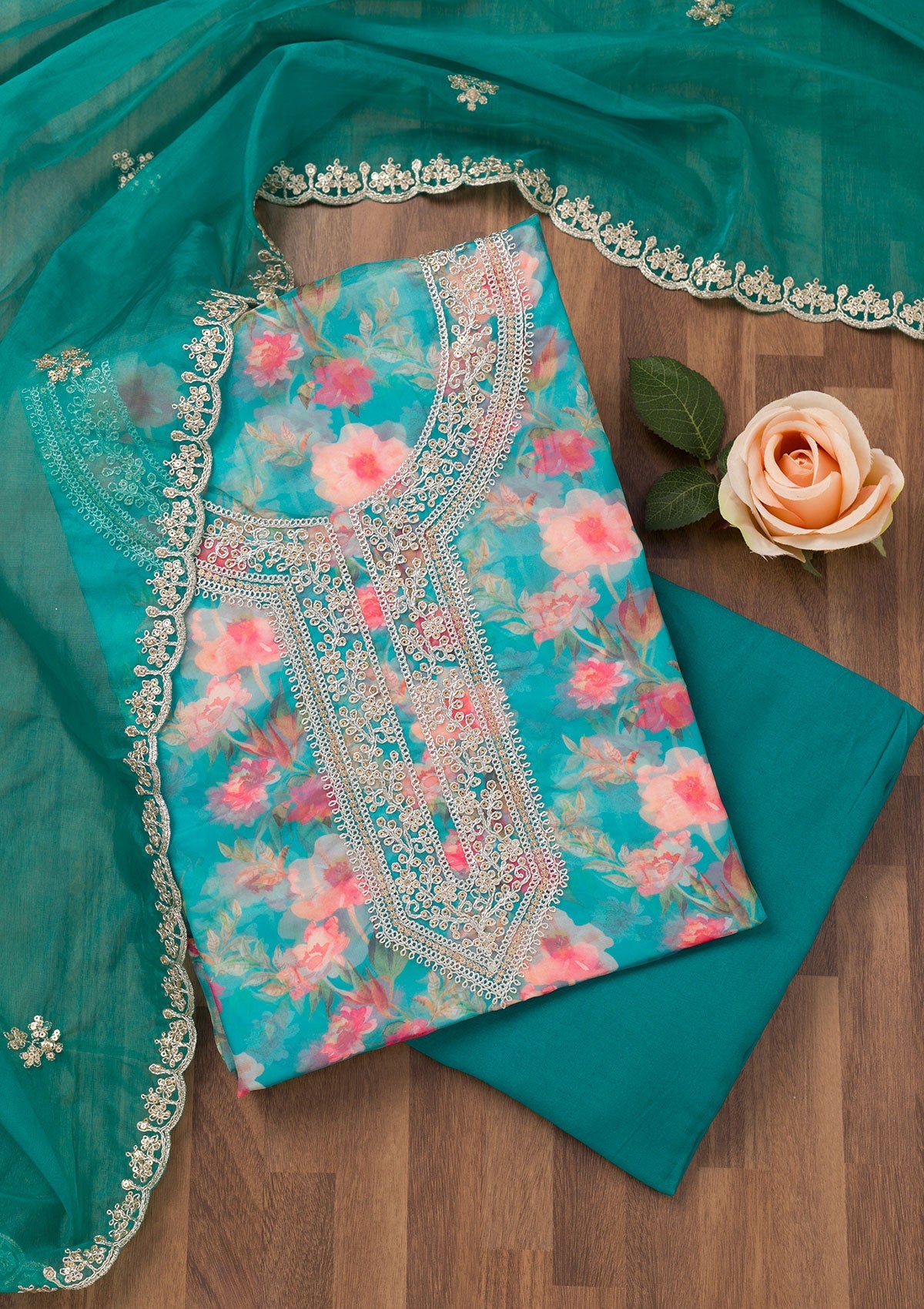 Turquoise Blue Printed Organza Unstitched Salwar Suit-Koskii