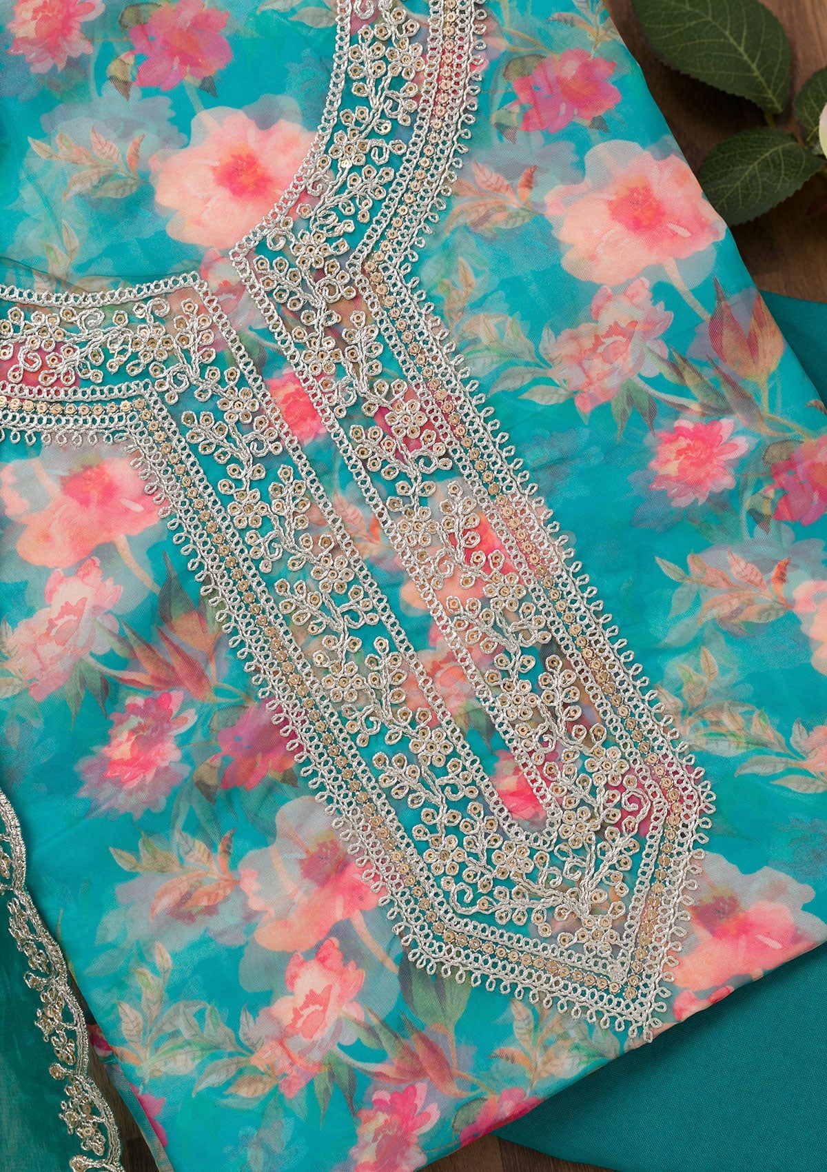 Turquoise Blue Printed Organza Unstitched Salwar Suit-Koskii