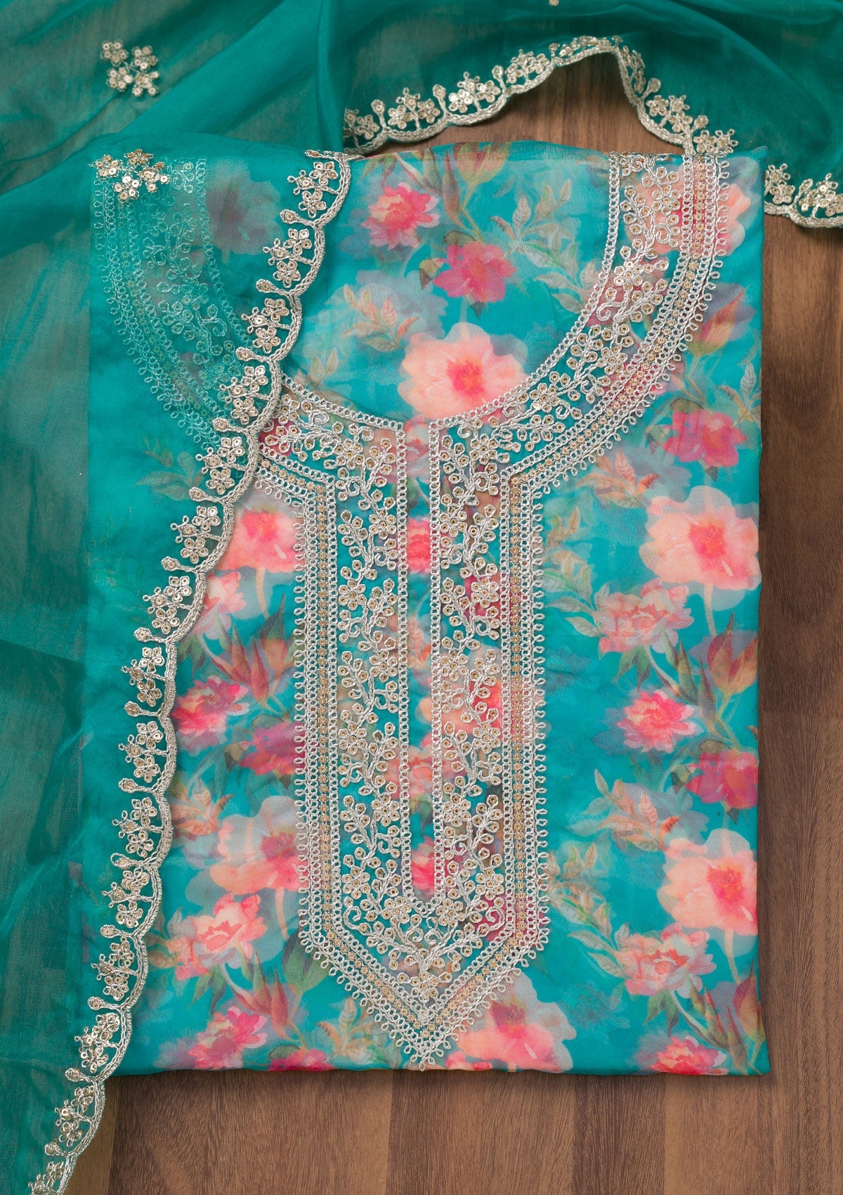 Turquoise Blue Printed Organza Unstitched Salwar Suit-Koskii
