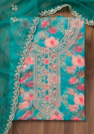 Turquoise Blue Printed Organza Unstitched Salwar Suit-Koskii