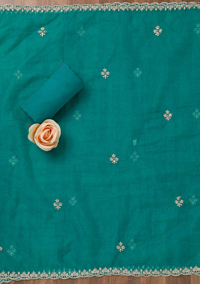 Turquoise Blue Printed Organza Unstitched Salwar Suit-Koskii