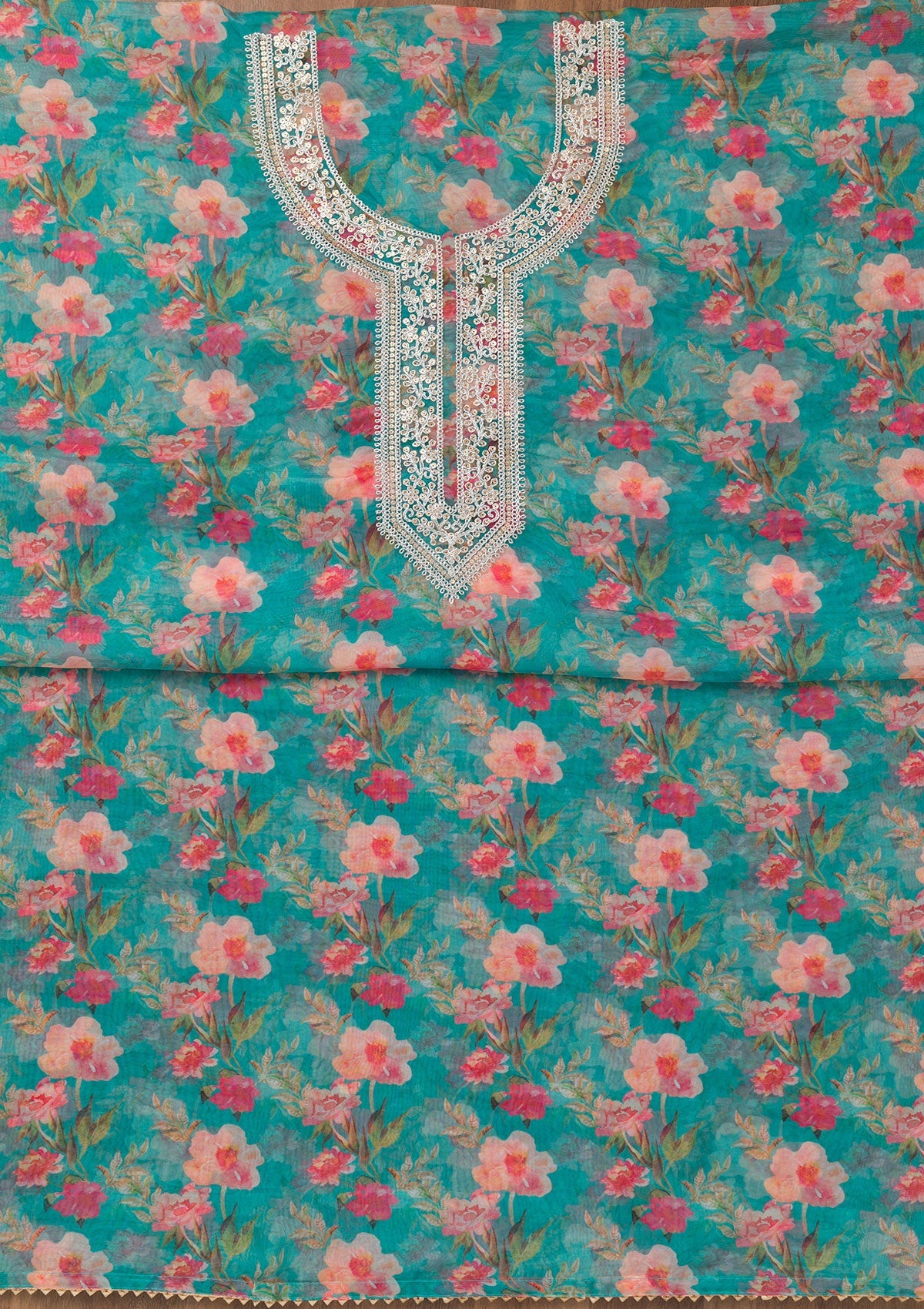Turquoise Blue Printed Organza Unstitched Salwar Suit-Koskii