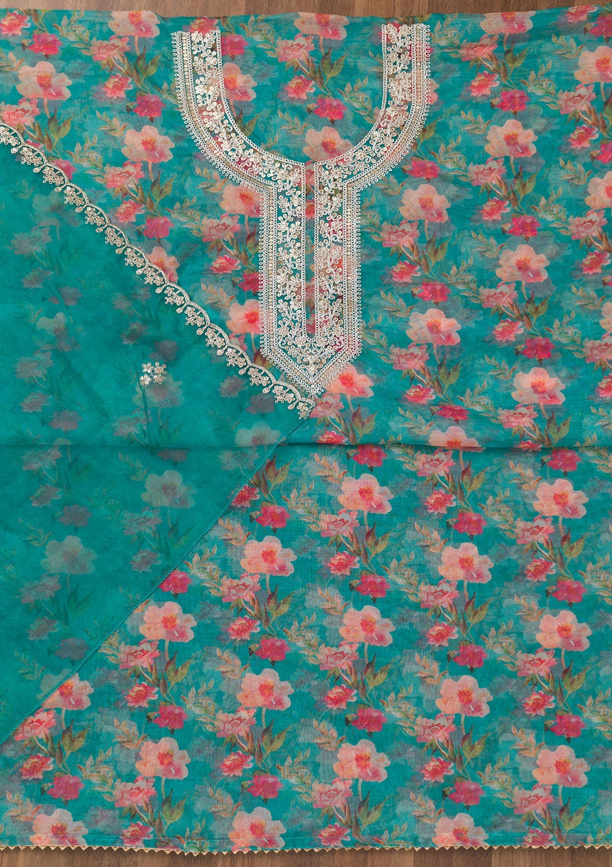 Turquoise Blue Printed Organza Unstitched Salwar Suit-Koskii