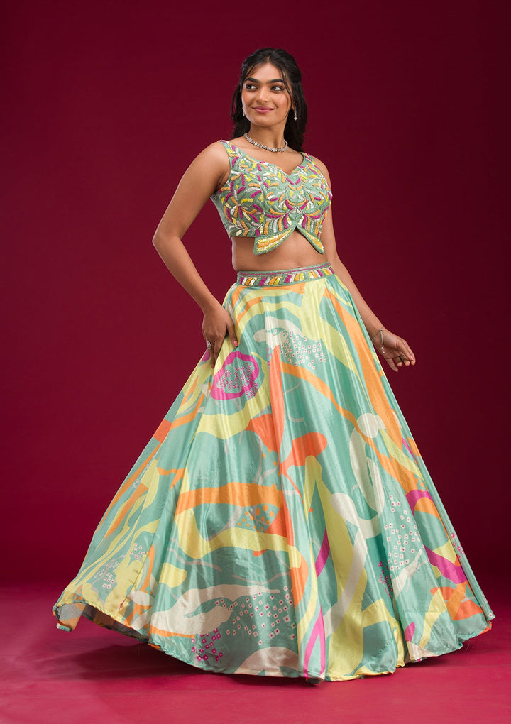 Turquoise Blue Printed Semi Crepe Readymade Lehenga