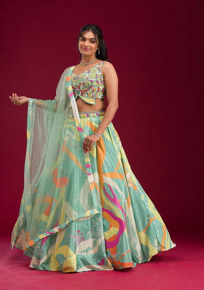 Turquoise Blue Printed Semi Crepe Readymade Lehenga-Koskii