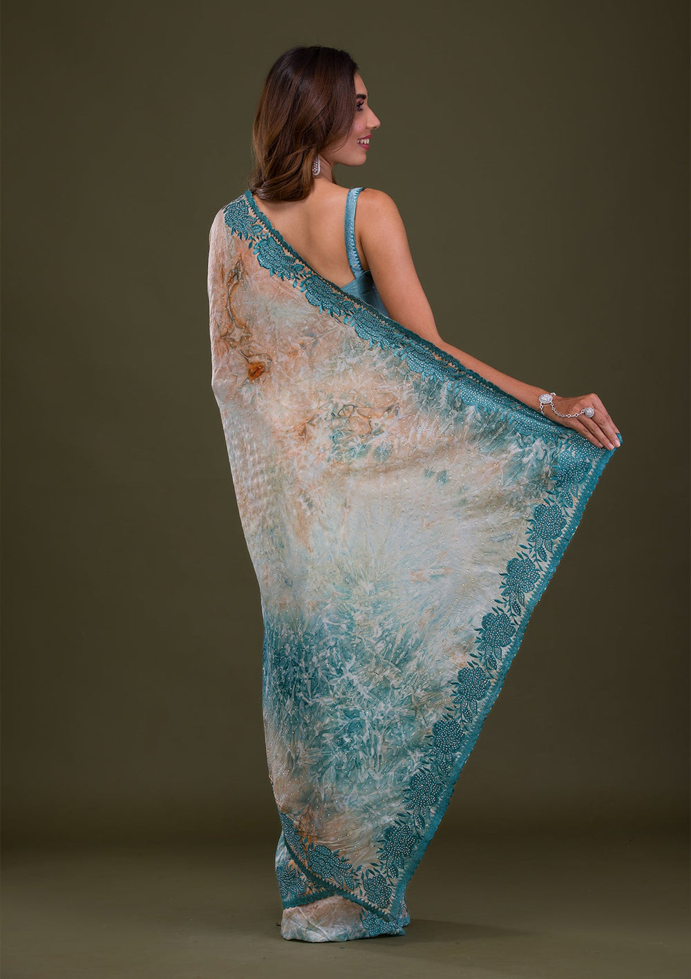 Turquoise Blue Printed Semi Crepe Saree-Koskii