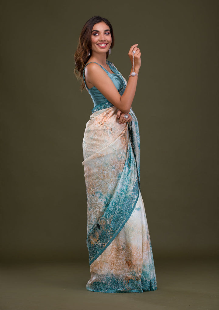 Turquoise Blue Printed Semi Crepe Saree-Koskii