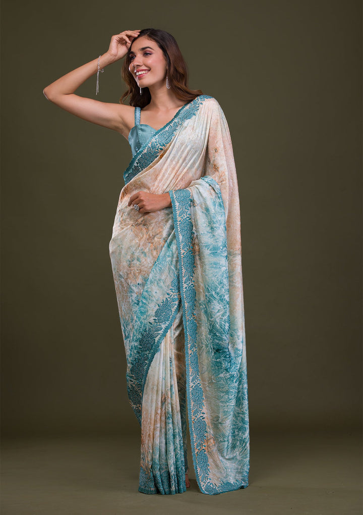 Turquoise Blue Printed Semi Crepe Saree-Koskii