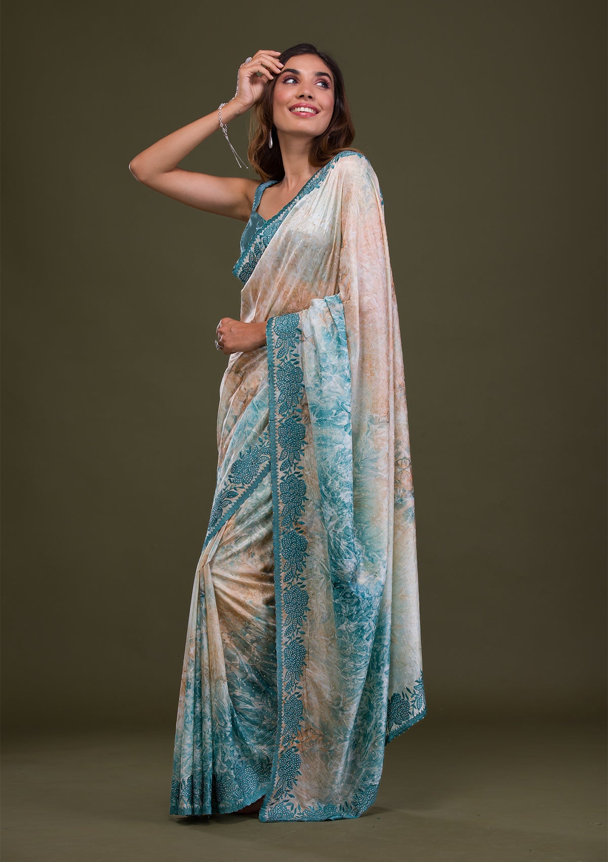 Turquoise Blue Printed Semi Crepe Saree-Koskii