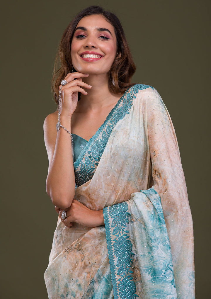 Turquoise Blue Printed Semi Crepe Saree-Koskii