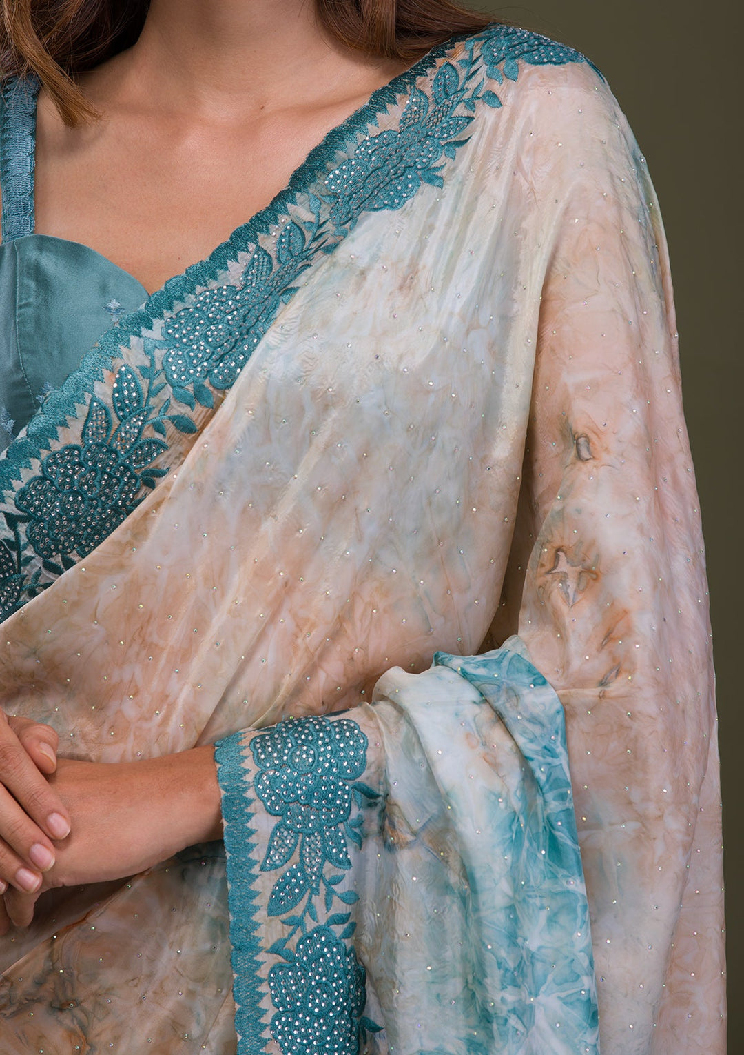 Turquoise Blue Printed Semi Crepe Saree-Koskii