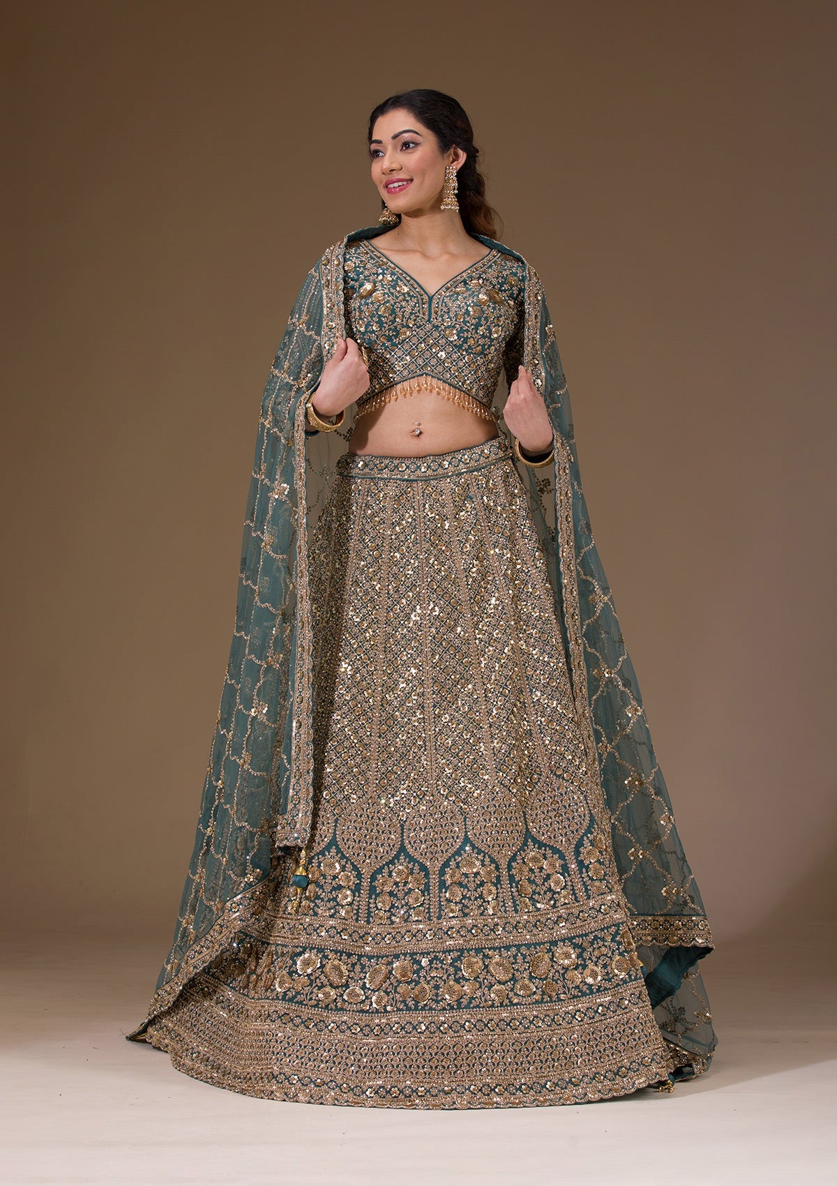 Turquoise Blue Sequins Net Readymade Lehenga-Koskii