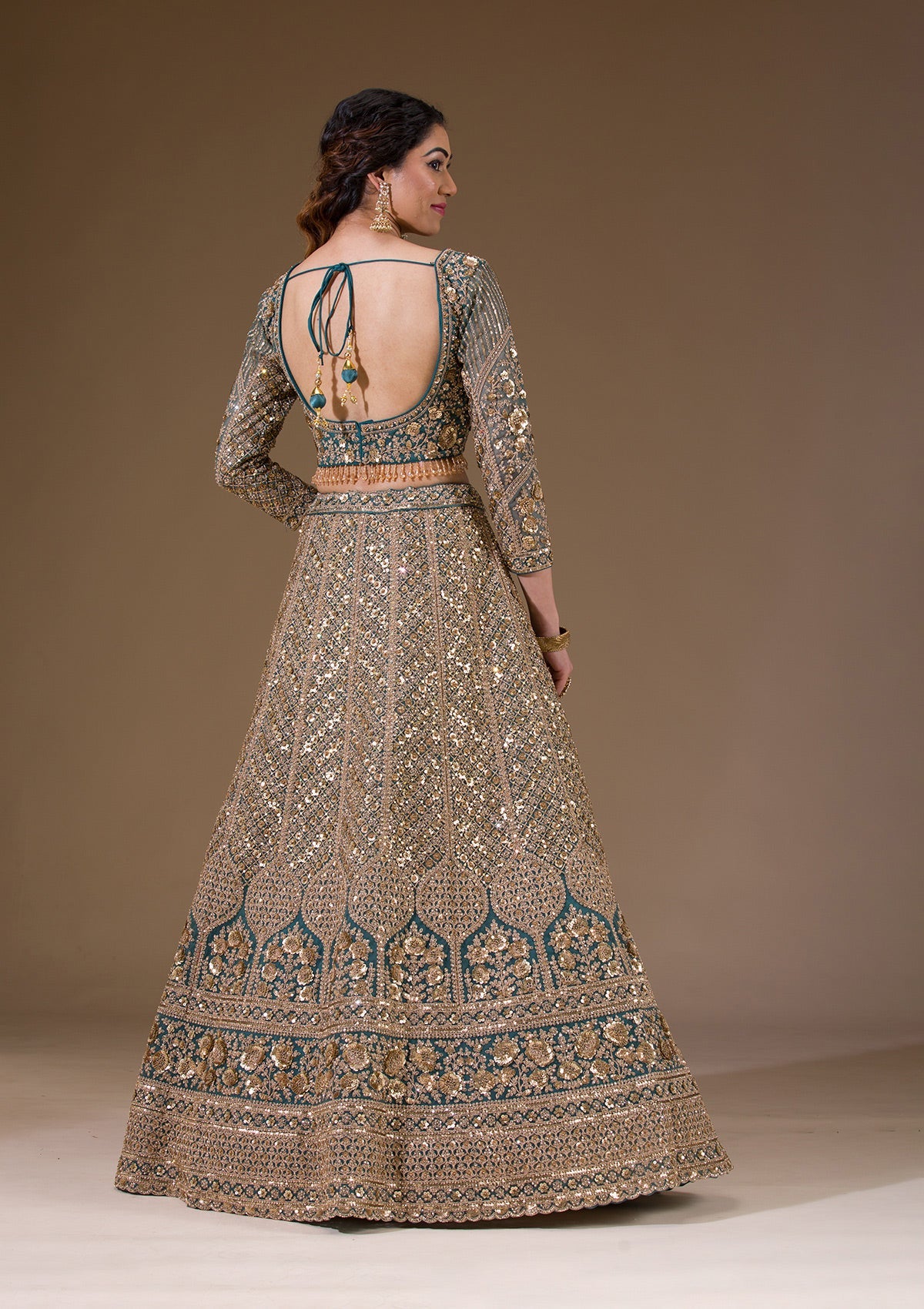 Turquoise Blue Sequins Net Readymade Lehenga-Koskii