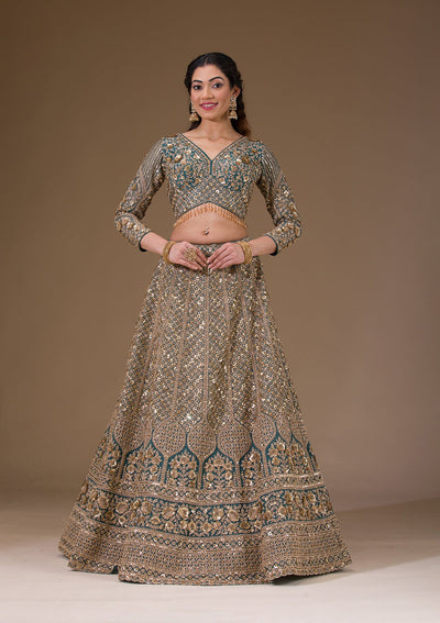 Turquoise Blue Sequins Net Readymade Lehenga-Koskii