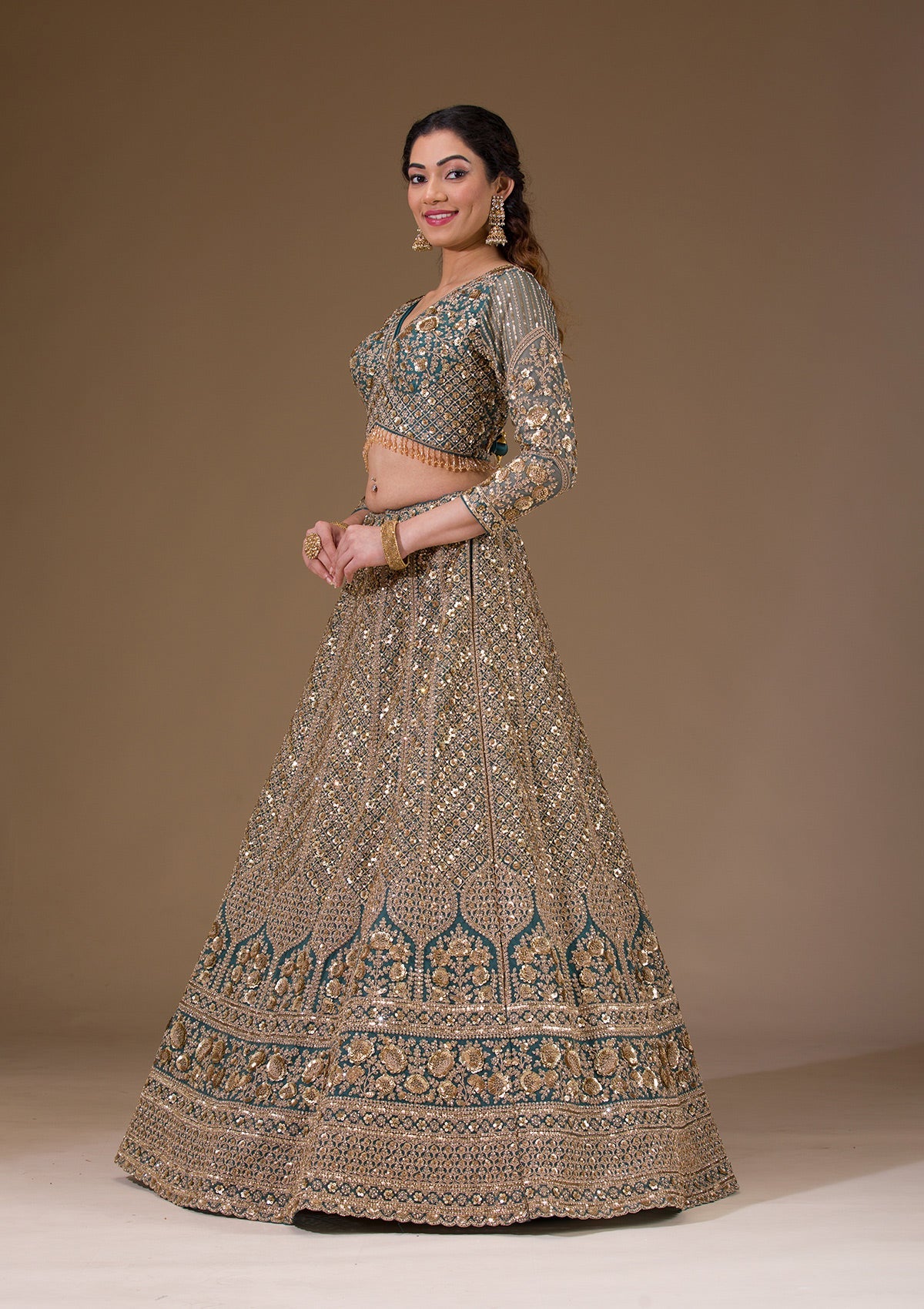 Turquoise Blue Sequins Net Readymade Lehenga-Koskii