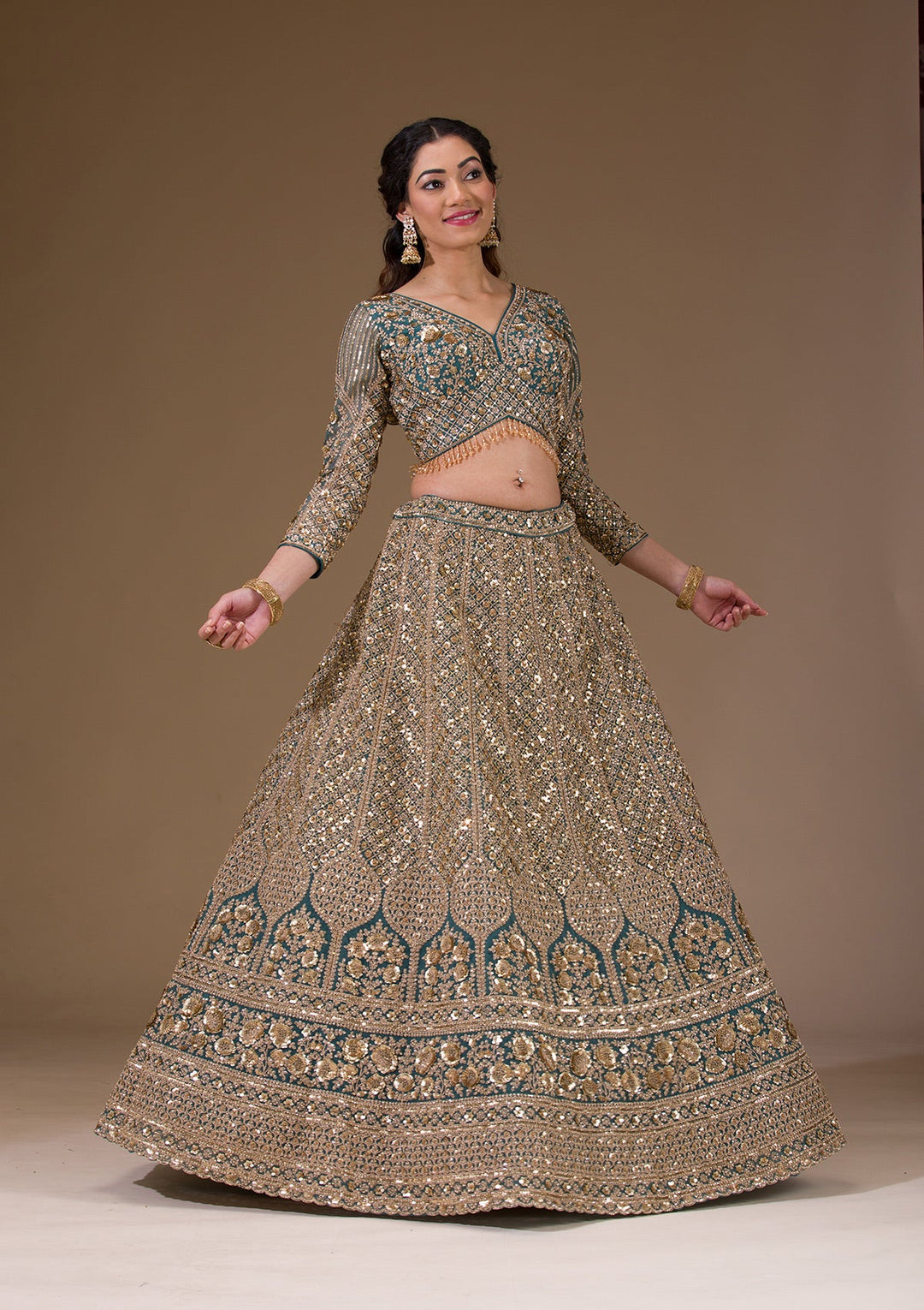 Turquoise Blue Sequins Net Readymade Lehenga-Koskii