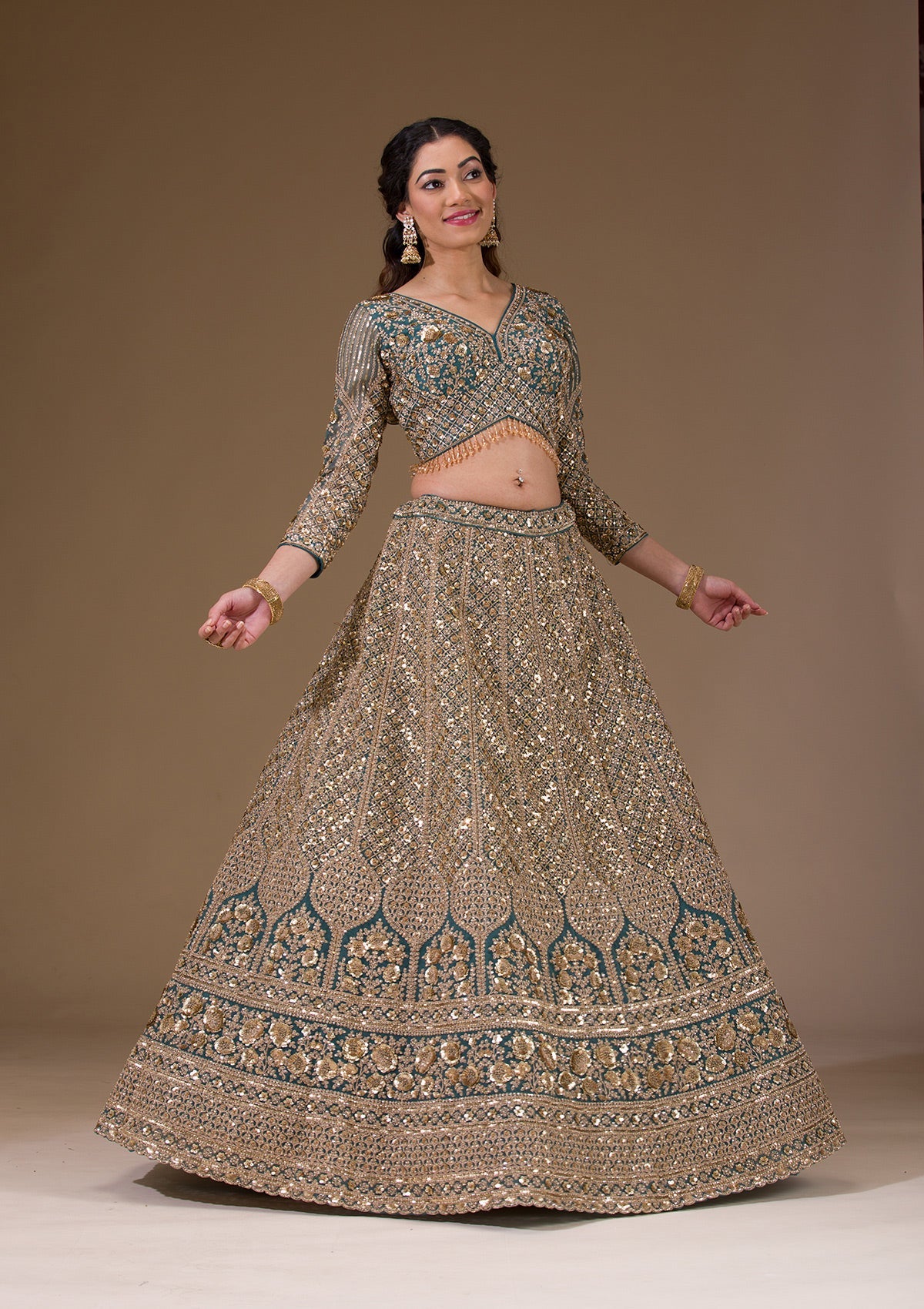 Turquoise Blue Sequins Net Readymade Lehenga-Koskii