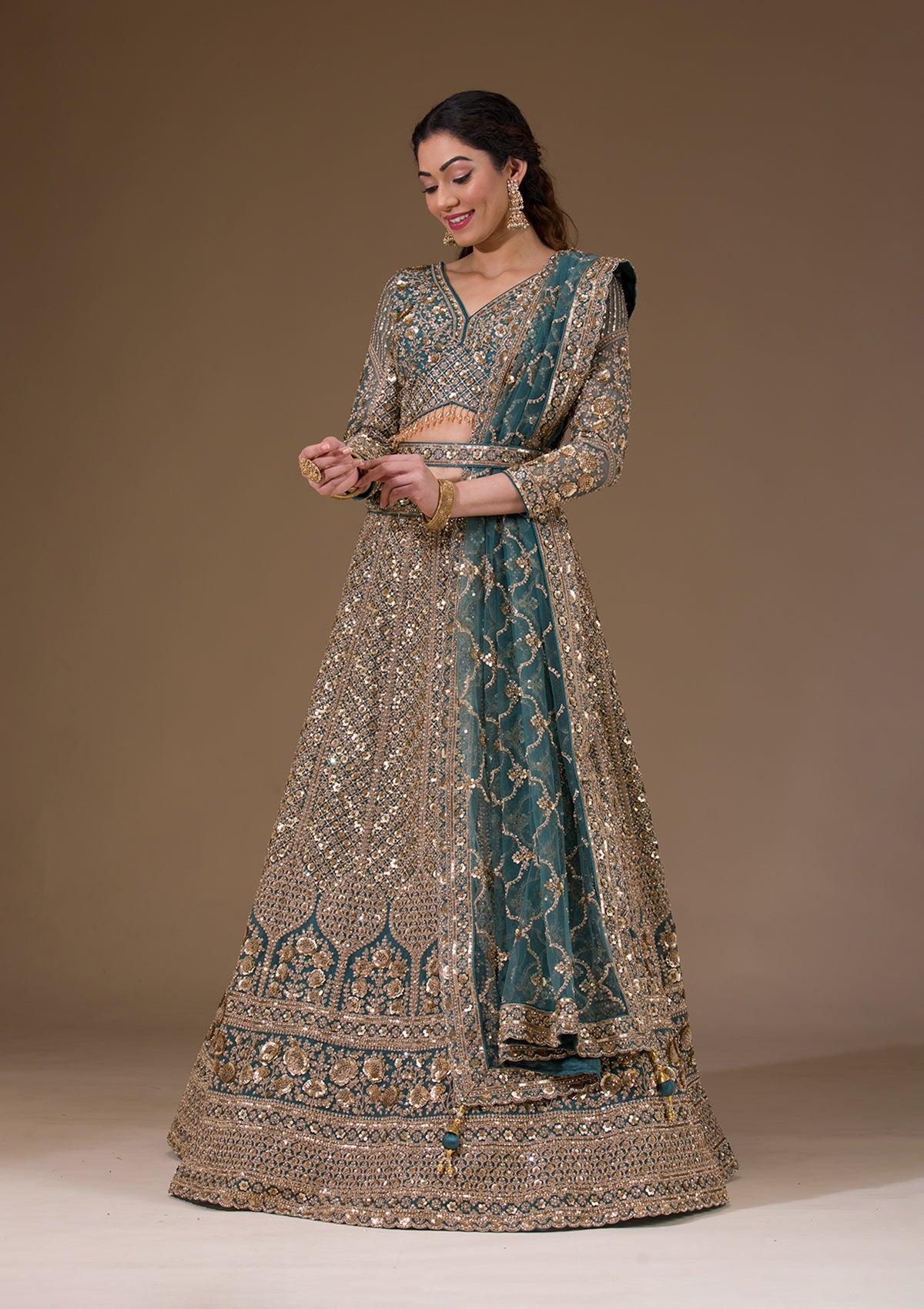 Turquoise Blue Sequins Net Readymade Lehenga-Koskii