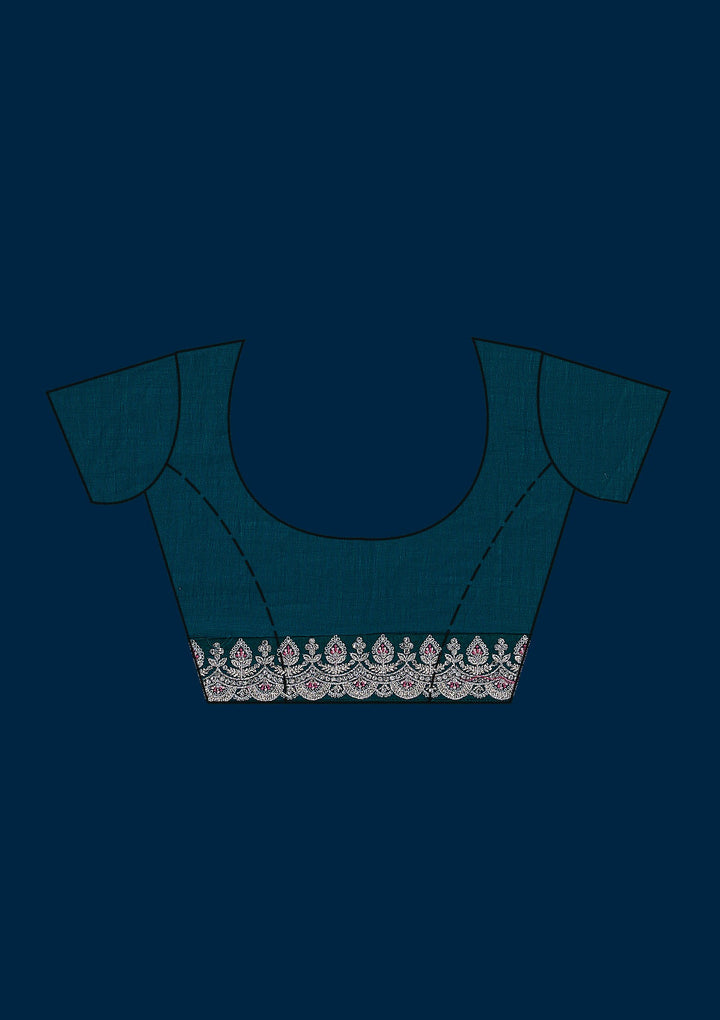 Turquoise Blue Silver Zariwork Raw Silk Saree-Koskii