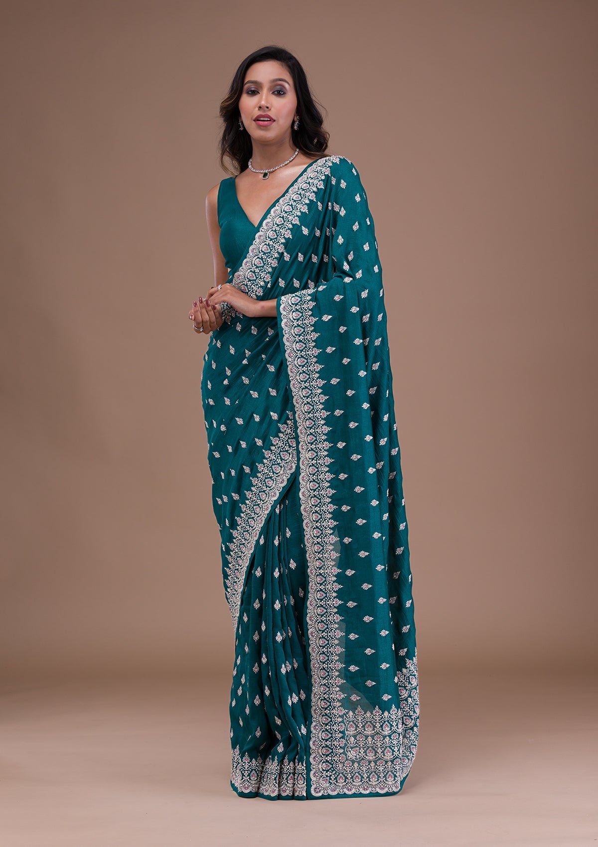 Turquoise Blue Silver Zariwork Raw Silk Saree-Koskii