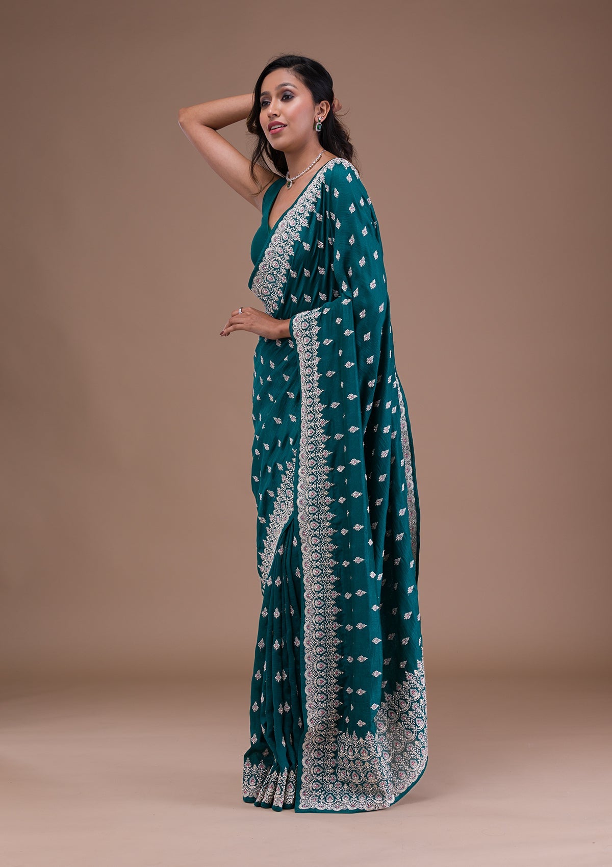 Turquoise Blue Silver Zariwork Raw Silk Saree-Koskii