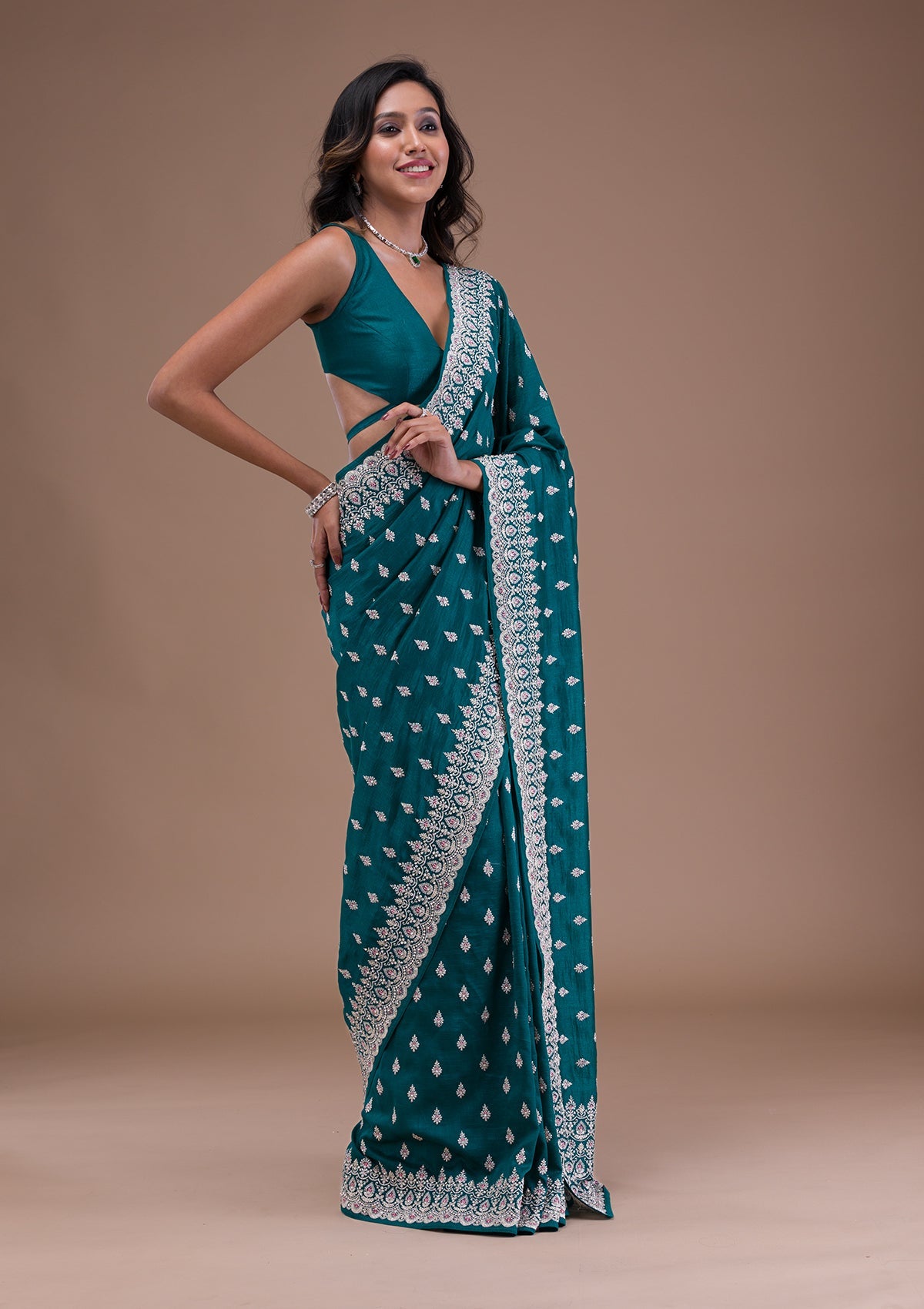 Turquoise Blue Silver Zariwork Raw Silk Saree-Koskii