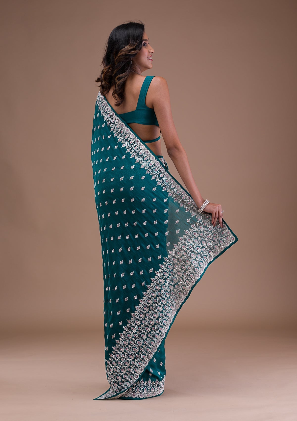 Turquoise Blue Silver Zariwork Raw Silk Saree-Koskii