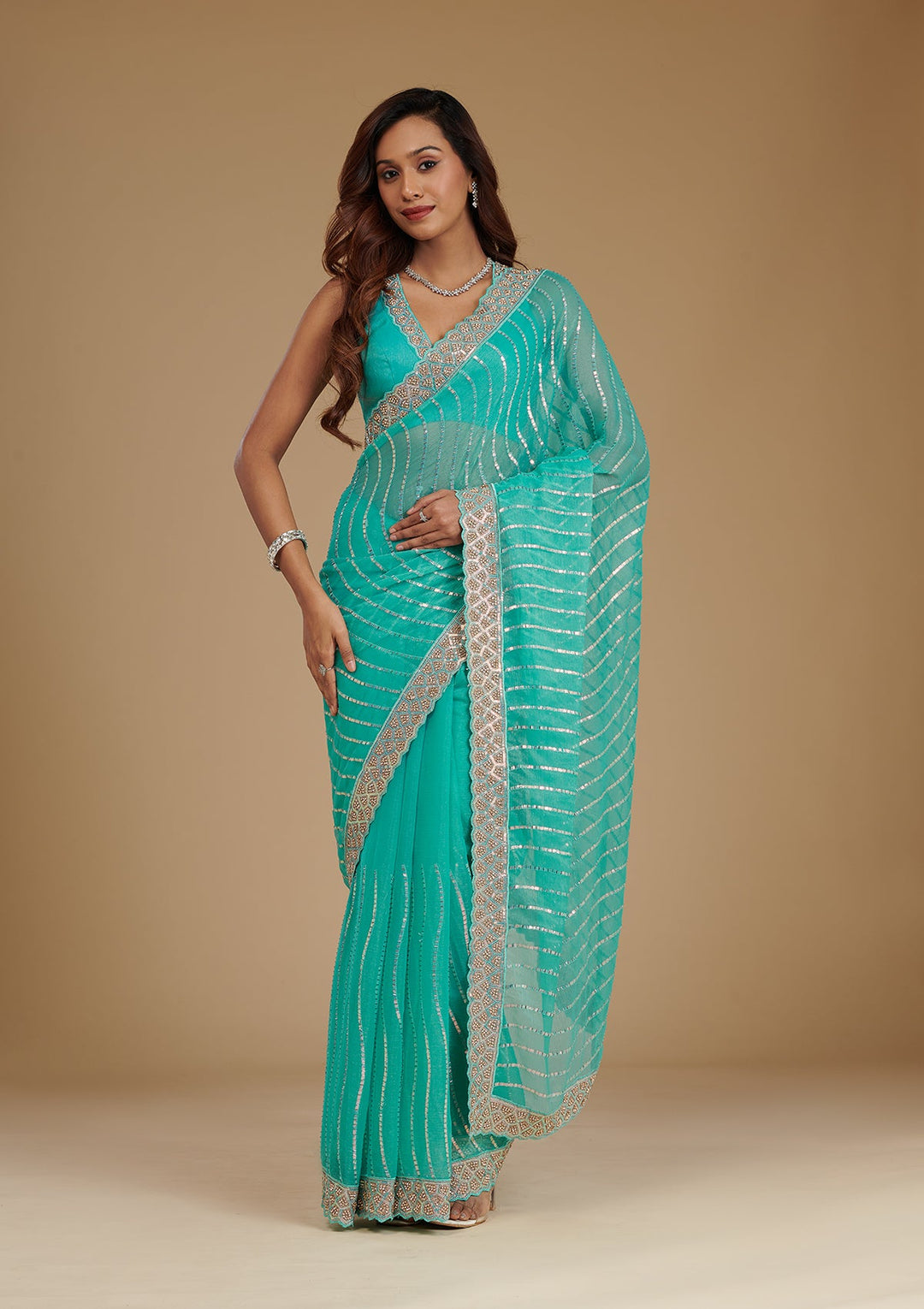 Turquoise Blue Stonework Chiffon Saree-Koskii