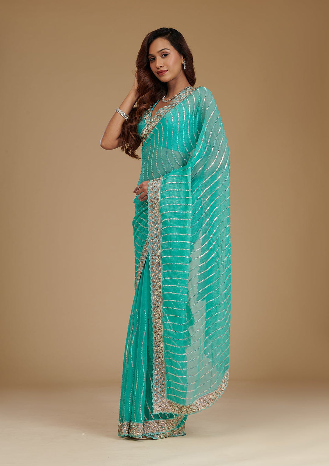 Turquoise Blue Stonework Chiffon Saree-Koskii