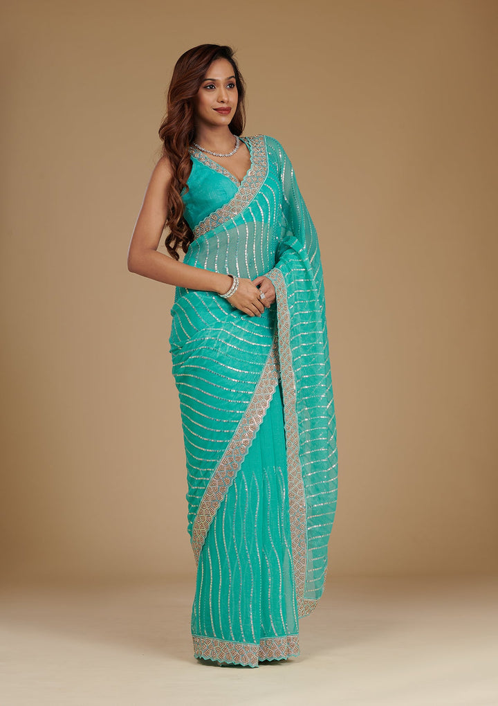 Turquoise Blue Stonework Chiffon Saree-Koskii