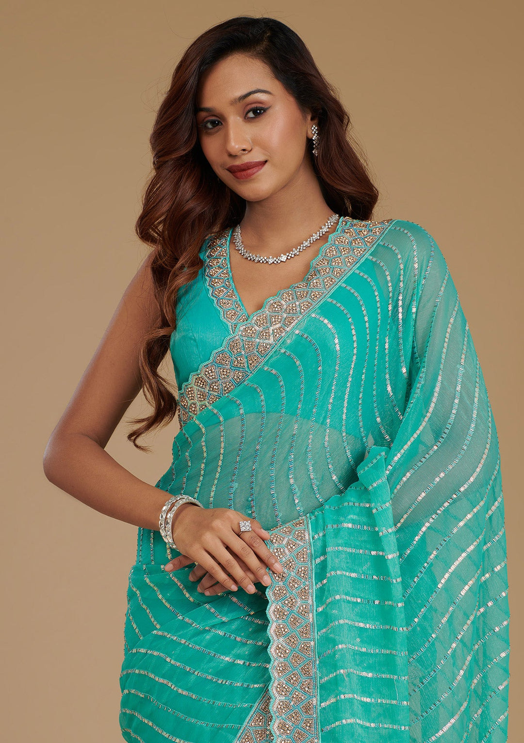 Turquoise Blue Stonework Chiffon Saree-Koskii