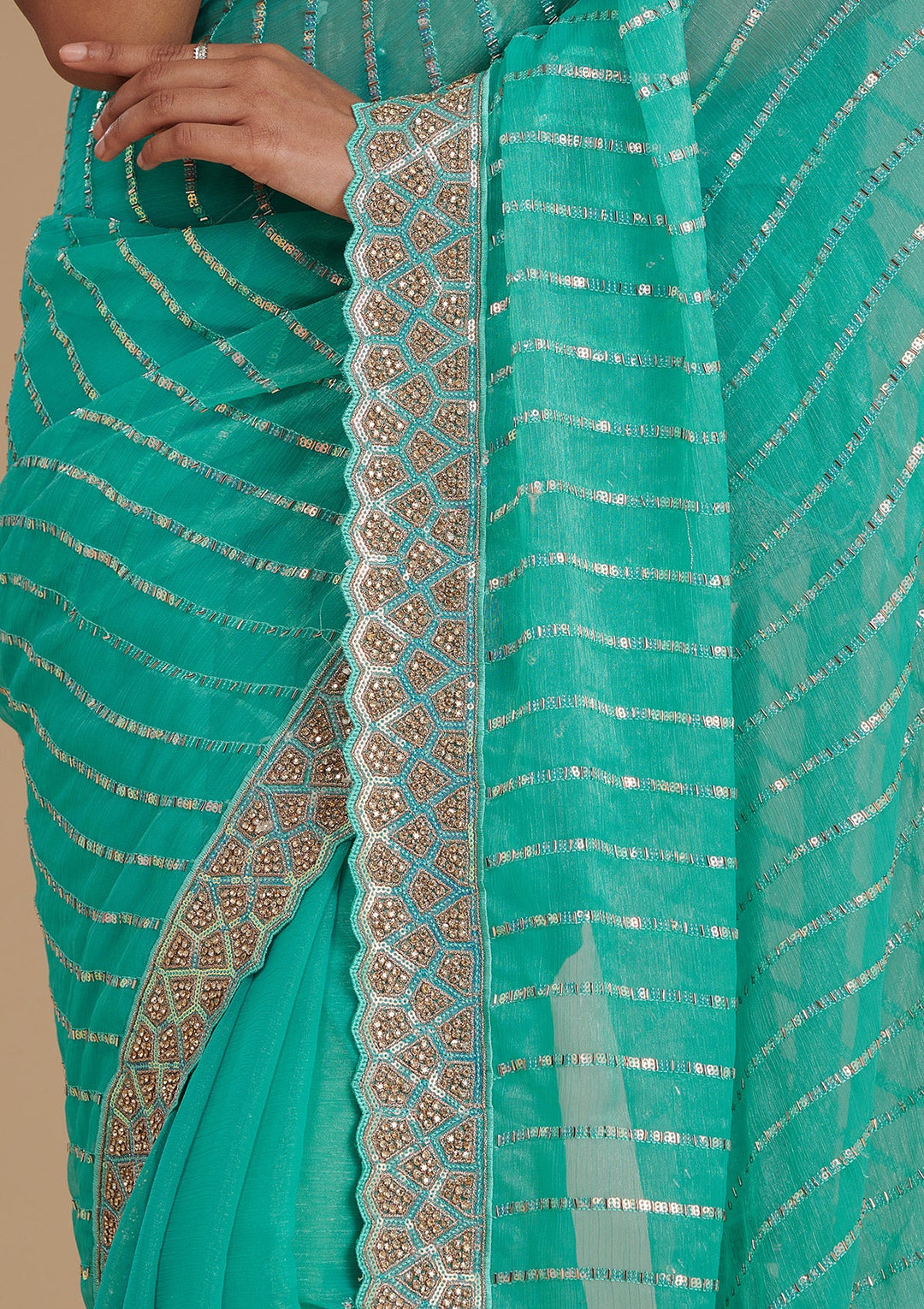 Turquoise Blue Stonework Chiffon Saree-Koskii