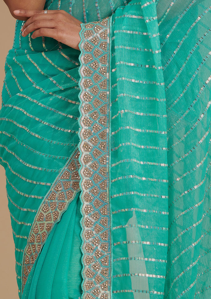 Turquoise Blue Stonework Chiffon Saree-Koskii