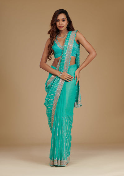 Turquoise Blue Stonework Chiffon Saree-Koskii