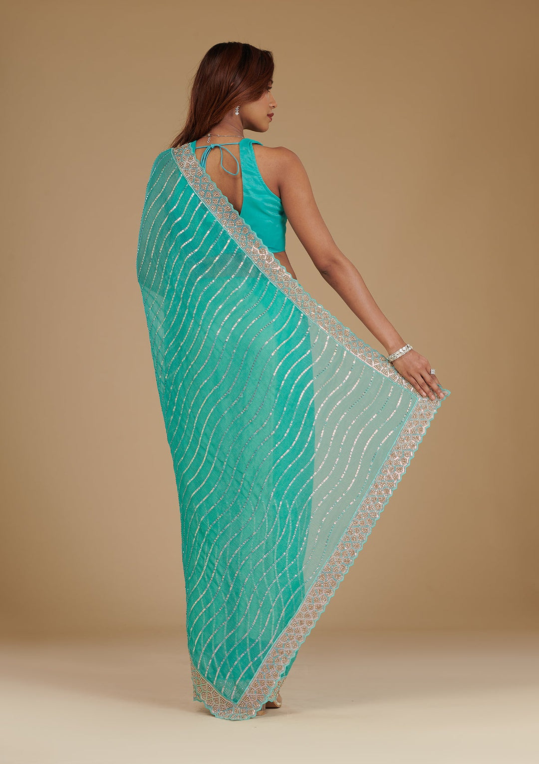 Turquoise Blue Stonework Chiffon Saree-Koskii