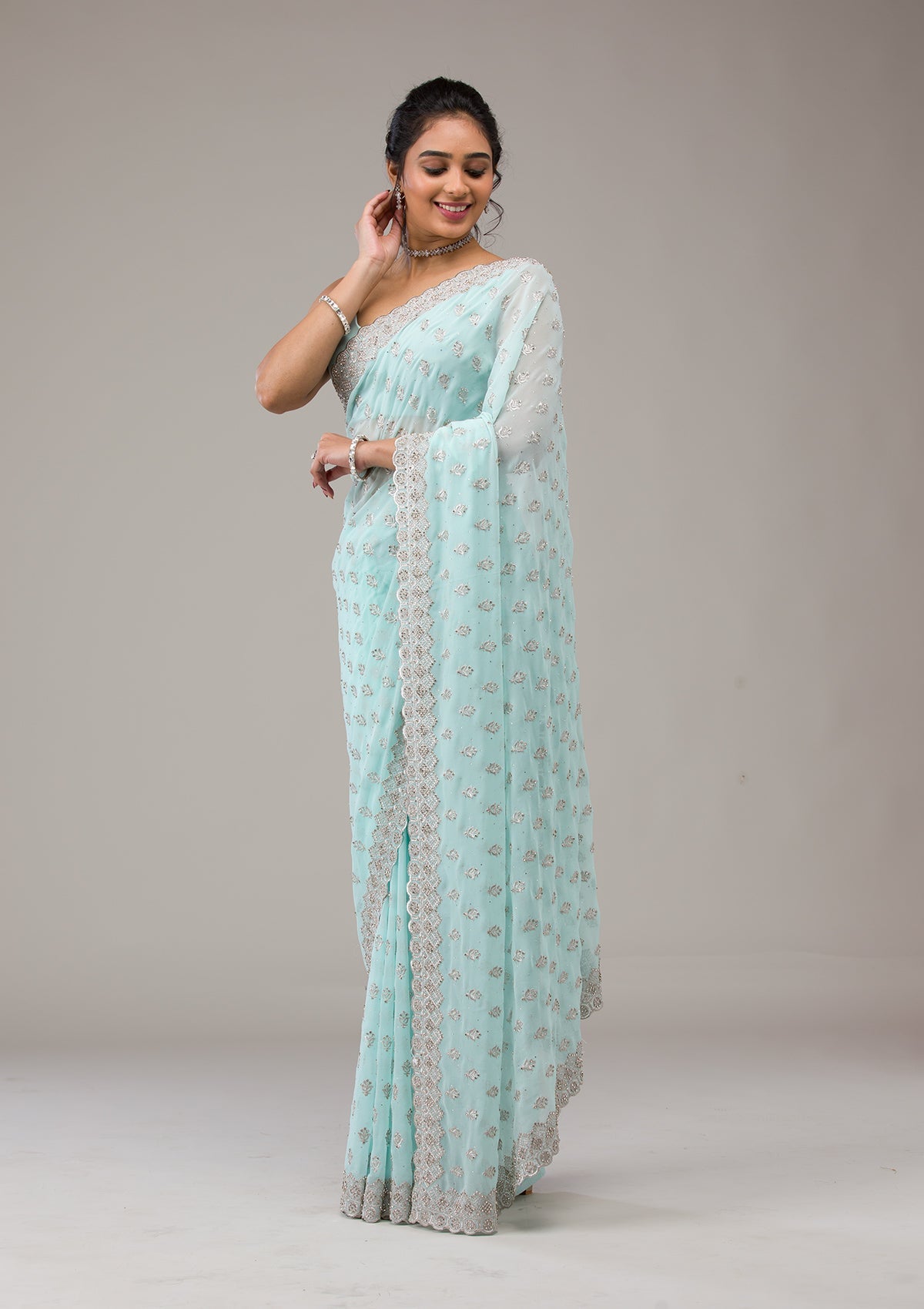 Sky Blue Stonework Georgette Saree-Koskii