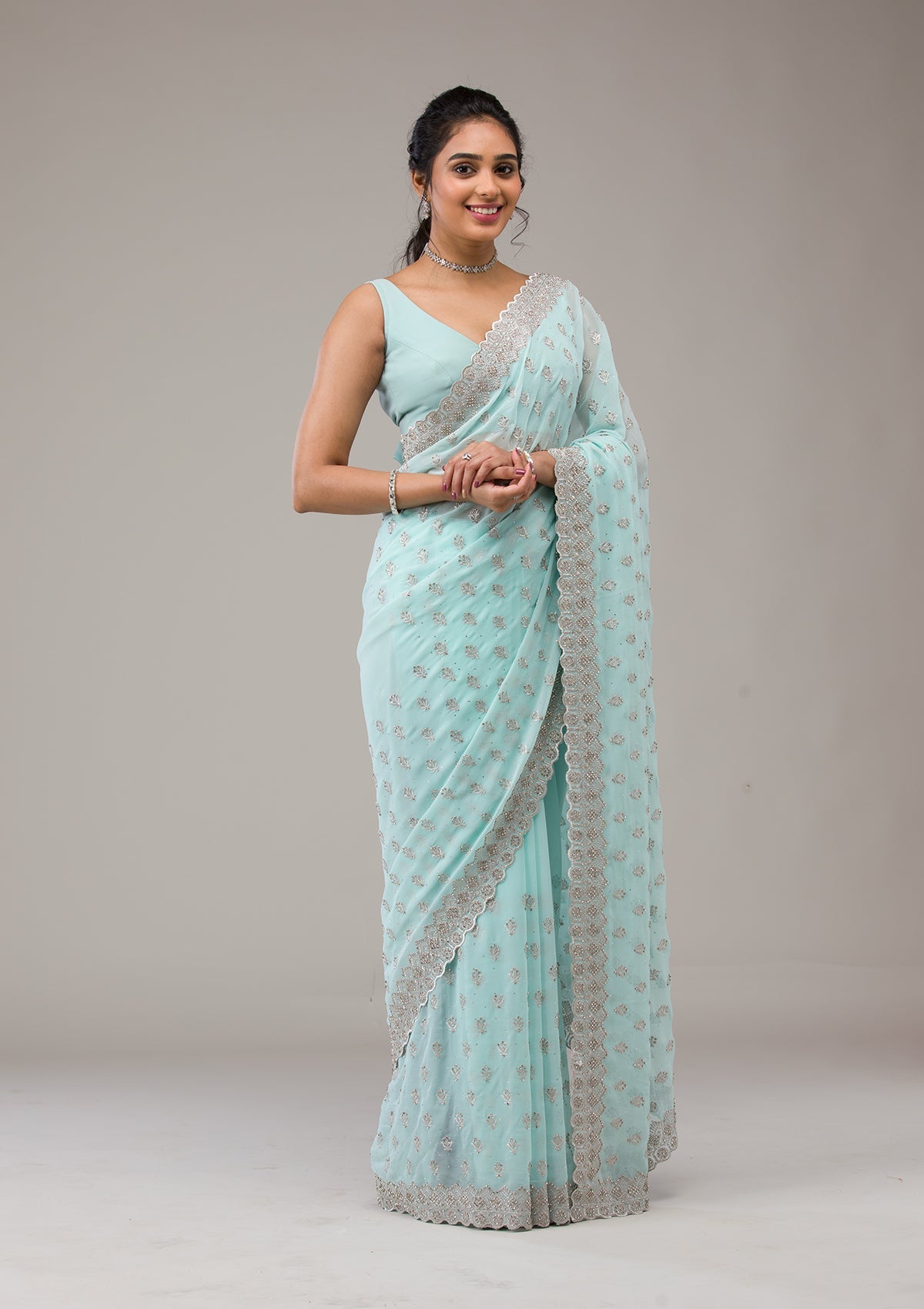 Sky Blue Stonework Georgette Saree-Koskii