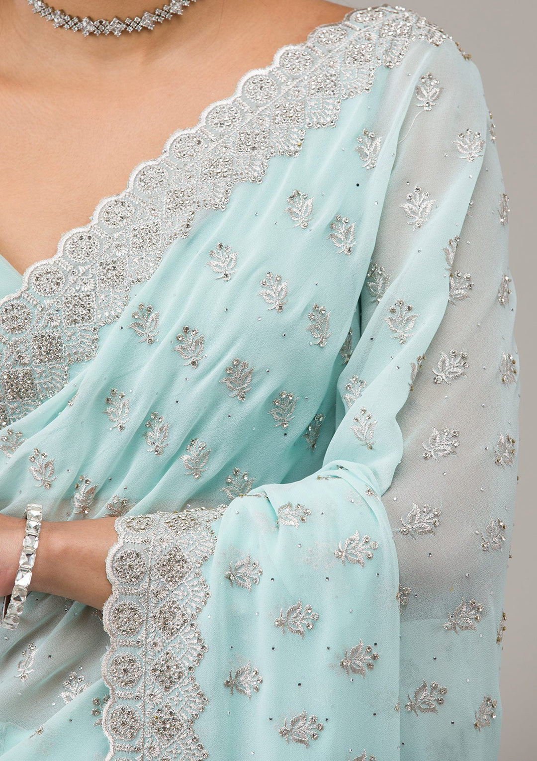 Sky Blue Stonework Georgette Saree-Koskii