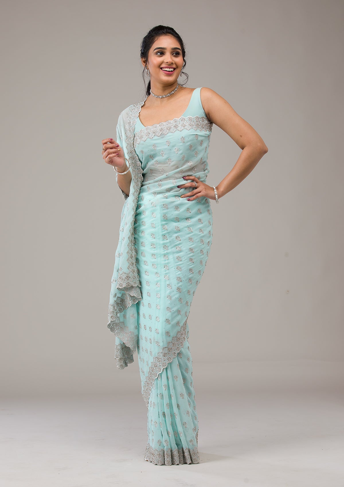 Sky Blue Stonework Georgette Saree-Koskii