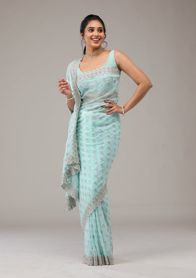 Sky Blue Stonework Georgette Saree-Koskii