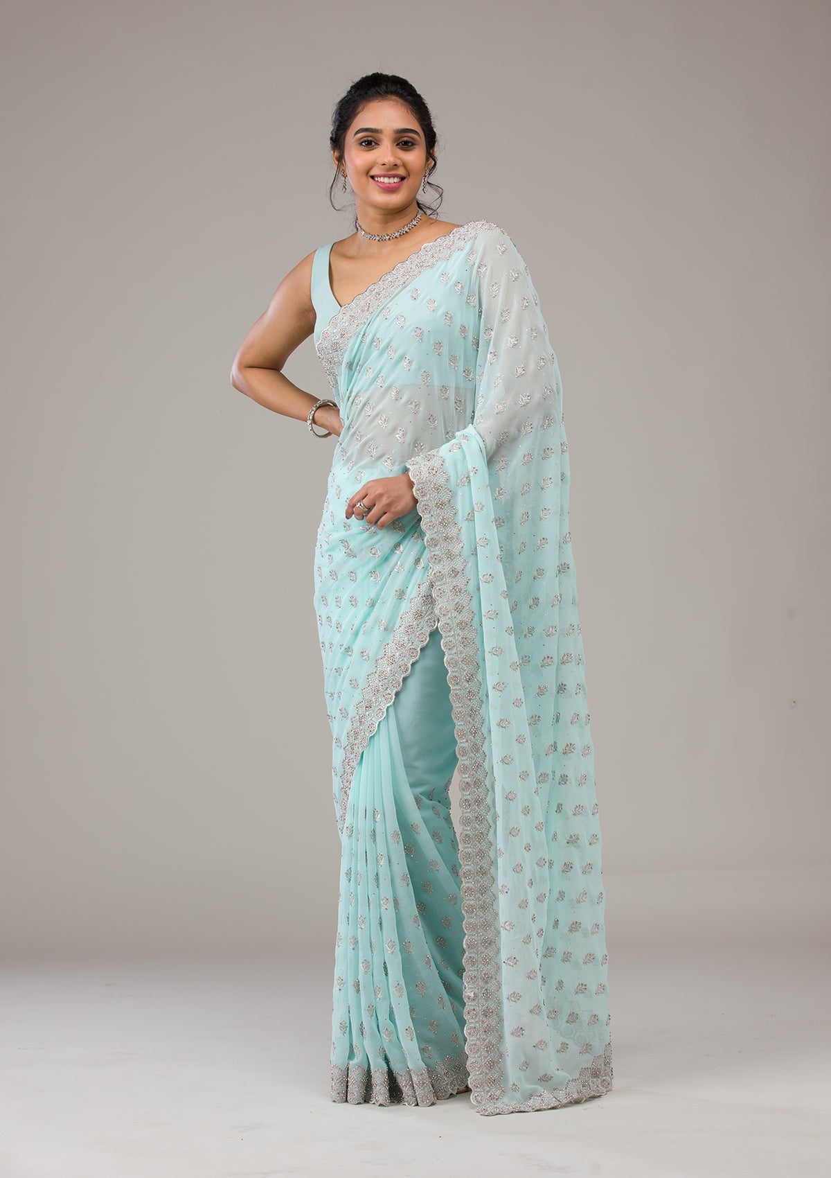 Sky Blue Stonework Georgette Saree-Koskii