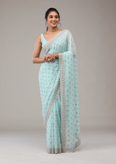 Sky Blue Stonework Georgette Saree-Koskii